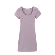 方领紫色针织t恤连衣裙，女夏季超显身材，修身包臀裙短裙裙子