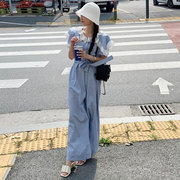 韩国东大门炸街娃娃领短袖，格子系带宽松直筒阔腿连体裤女长款