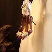828-105秀禾服婚鞋女中式红色新娘宴会敬酒高跟鞋花朵细跟水晶鞋