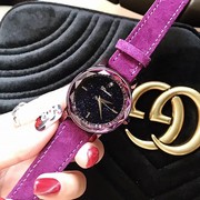  水钻紫色真皮表带士手表镜面个性女时尚石英皮带国产腕表