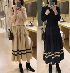 秋季韩版优雅气质假两件套针织拼接撞色复古文艺长袖连衣裙子