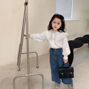 女童蕾丝花边衬衫2023秋季韩版儿童翻领长袖，上衣宝宝打底衬衣