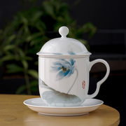 千红窑手绘中式陶瓷杯釉下彩茶杯带漏带盖碟办公杯茶水分离泡茶杯
