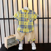 男宝宝短袖衬衫套装夏装男童装，1一4岁婴儿2衣服，3小童格子港风衬衣