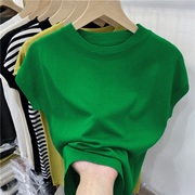 大码女装绿色t恤女短袖2024夏季冰丝针织设计感小众打底衫上衣潮