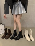 高跟方头瘦瘦靴法式短靴，女靴子2023春秋季单靴黑色气质马丁靴