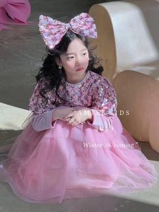 23年秋冬公主裙童装，女童亮片玫粉色艾米长袖连衣裙生日礼服裙