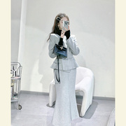 深冬装搭配一整套气质名媛小洋装，高级感韩剧小香风灰色毛呢套装裙