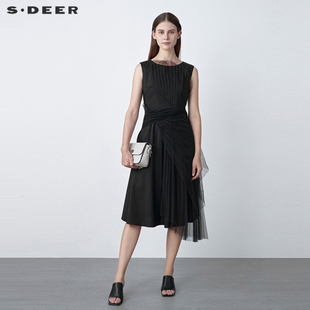 sdeer圣迪奥夏季设计感小黑裙，网纱肌理不规则连衣裙长款s22281246