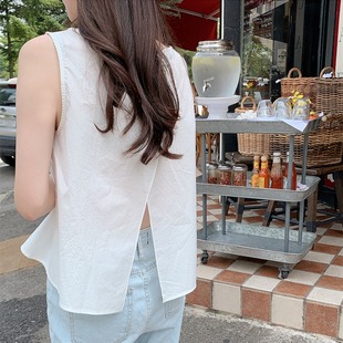 韩国chic夏季减龄少女心后背，纽扣开叉小个子，无袖衬衫背心上衣女