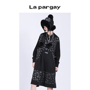 lapargay纳帕佳秋冬女装，黑色裙子个性，时尚长袖连帽针织连衣裙
