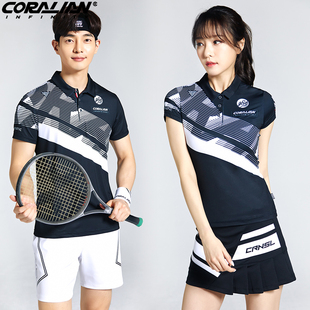 可莱安羽毛球服女套装，韩国男款黑色翻领上衣，透气速干运动短袖