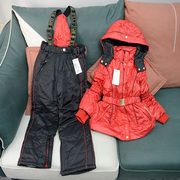 外贸出口单红色(单红色)滑雪服女童，冬季加厚连帽户外运动，分体儿童棉服外套