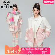 keiko粗花呢拼接奶白色毛呢外套，女2024春季韩系小个子呢子大衣