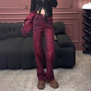 春季时尚紫红色牛仔裤女重工烫钻复古高级感直筒阔腿裤个性潮