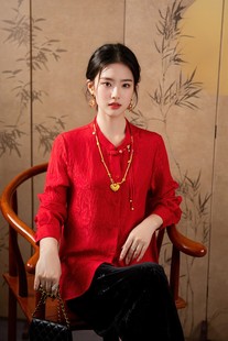 霓裳羽衣 优雅甜美红色纯色新中式国风复古长袖冠乐绉真丝衬衫女