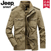 jeepspirit春季外套男立领，宽松大码中长多袋工装夹克军旅风外套