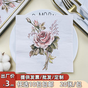 印花餐巾纸酒店婚礼摆台西餐厅，咖啡厅口布复古玫瑰花，图案彩色纸巾