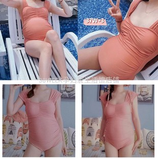专业孕妇泳衣洋气高级感连体泳装露背比基尼大码胖m粉红褶皱遮肚