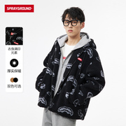 sprayground秋冬老花满印仿羊羔毛厚外套男保暖休闲夹克潮牌