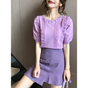 2020夏季宽松泡泡短袖紫色上衣钉珠蕾丝花边薄款冰丝针织衫女