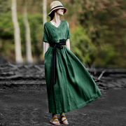 赫轩原著夏装原创民族风复古连衣裙女装不对称设计修身显瘦长裙子