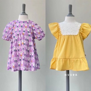 韩版云朵儿童装23夏款女童，复古田园风紫色，黄色可爱连衣裙3200