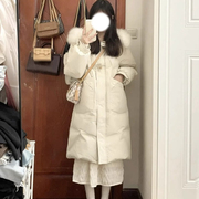 韩系温柔大毛领连帽白色，羽绒棉服女2024冬季中长款面包服大衣外套