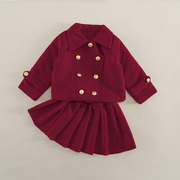 女童呢子大衣秋冬款儿童韩版双面呢红色，外套宝宝生日礼服裙两件套