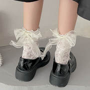 白蝴蝶结袜子女中筒袜，夏季薄款jk堆堆袜日系，可爱洛丽塔公主蕾丝袜