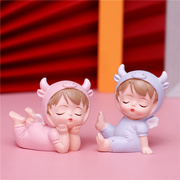 新年周岁宝宝满月蛋糕装饰摆件，粉色蓝色牛宝宝天使坐趴姿可爱创意