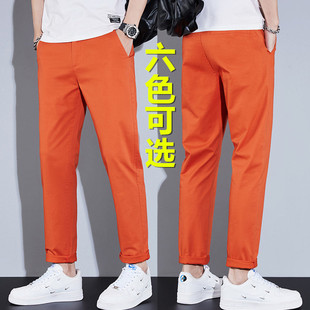 夏季男士休闲裤橙色直筒弹力橘红色，纯棉青年时尚，炫彩色长裤子潮牌