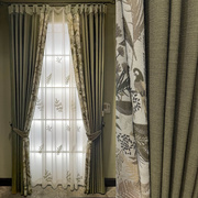 美式复古绿色拼花布客厅卧室遮光定制窗帘简约轻奢棉麻提花纱
