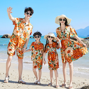 三亚度假海边出游大码亲子一家四口小众母女夏装2024花衬衫连衣裙