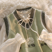 韩系多巴胺套装抹茶绿针织背心马甲女系带雪纺衬衫奶系叠穿两件套