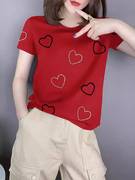 欧洲站短袖t恤女夏季时尚，简约圆领正肩体恤爱心印花红色上衣