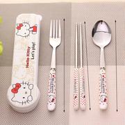 可爱学生筷子勺子叉子套装便携式餐具三件套 带餐具盒 三件套餐具
