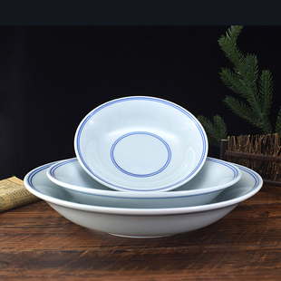蓝边明式古碗菜碗双线陶瓷碗创意菜盘浅碗景德镇家用瓷碗商用碗
