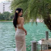 三亚旅行拍照沙滩裙女超仙白色挂脖裹胸长裙海边度假穿搭两件套装
