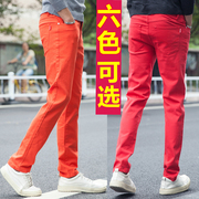 冬季男士牛仔裤橙色纯棉弹力红色韩版修身直筒彩色休闲大码长裤子