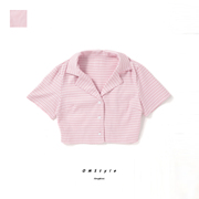 夏季BM翻领学院风复古粉色小格纹系扣短款短袖衬衫上衣短外套女