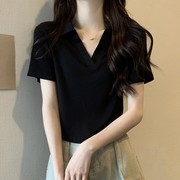 绿色polo短袖t恤女2024夏韩版修身v领纯色，打底圆弧下摆领纯棉上衣