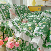 法式春夏小清新绿色小碎花，床裙四件套床罩被套水洗棉蕾丝花边床品