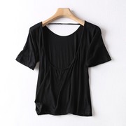 E75-2夏女个性设计感露背黑色垂感显瘦性感小心机潮短袖T恤衫