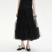 陆与山屿山本暗黑设计感小众黑色高腰裙子女士网纱重工夏季半身裙