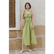 弥古绿色纯棉连衣裙高级感法式抹胸吊带裙女夏度假裙子沙滩裙长裙
