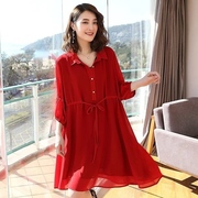 2022红色衬衫裙，中长款七分灯笼，袖收腰大码雪纺连衣裙显瘦