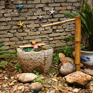 日式竹流水摆件庭院竹子，装饰造鱼缸石槽，循环流水喷泉竹子流水器