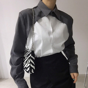 韩国chic秋季气质个性翻领撞色拼接设计宽松百搭单排扣长袖衬衫女