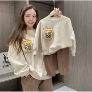 2022韩版秋冬亲子装珍珠奶茶，立体口袋拼色儿童男女童套装春季